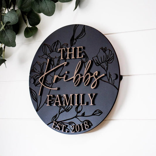 Personalised Round Family Name Sign with Floral Design – Custom Wall Decor for Home Entrance