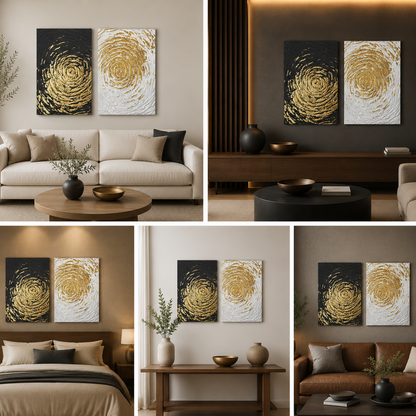 Black White Gold Abstract Swirl Canvas Painting Wall Art Set (18 x 24 Inches Each Part)