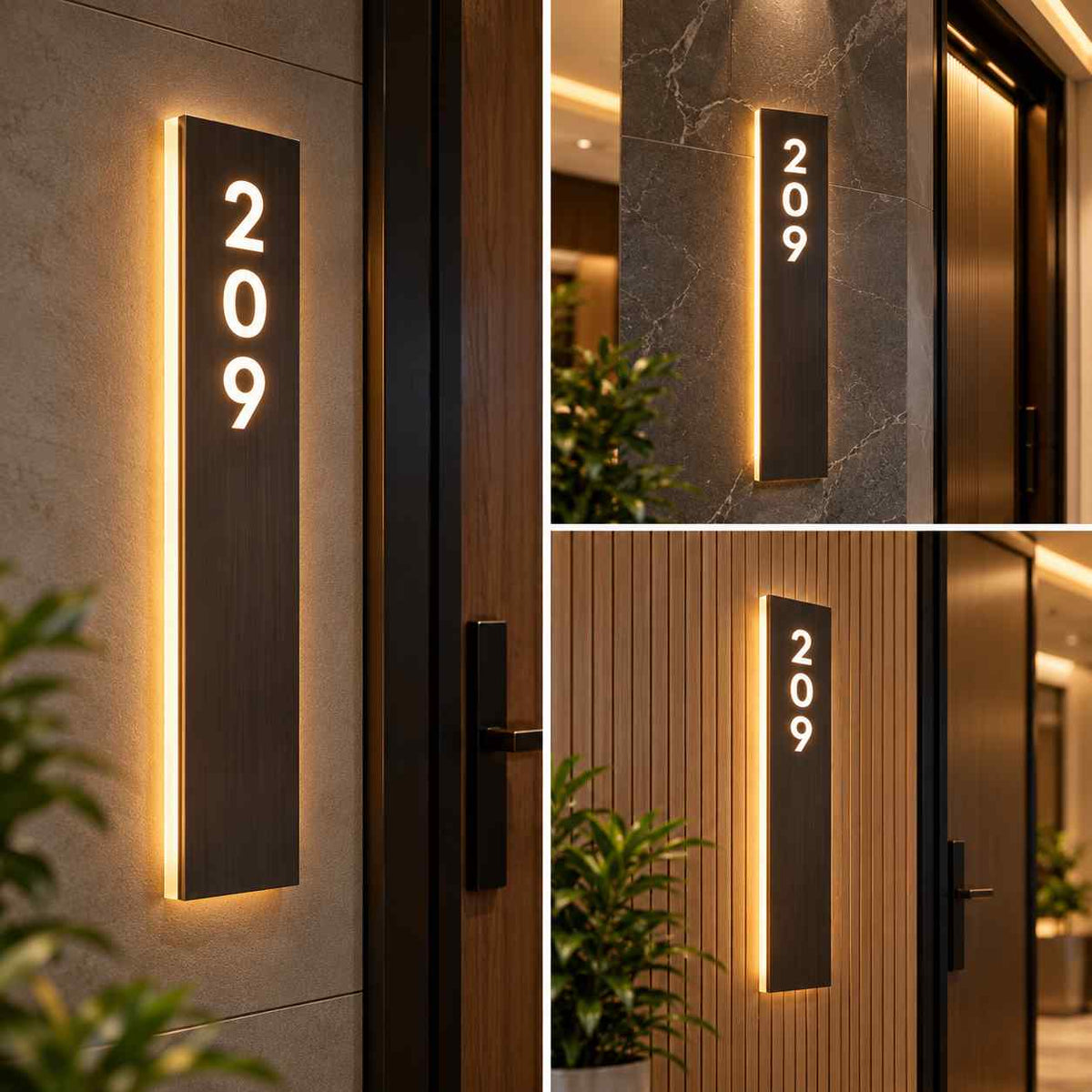 Vertical LED House Number Sign with Warm Backlighting for Modern Home Entrances