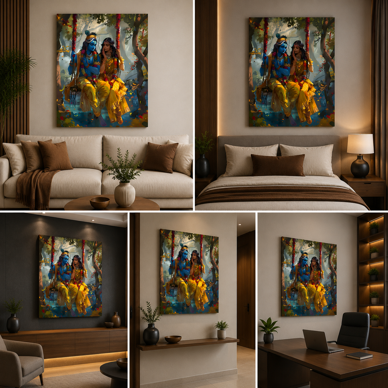 Radha Krishna Jhula Canvas Painting Frame | Vrindavan Forest Theme Spiritual Wall Art | Large Canvas Wall Decor for Living Room