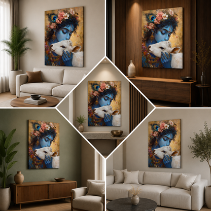 Krishna with Cow Wall Painting | Divine Spiritual Canvas Art for Peaceful Home Decor