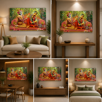 Radha Krishna Romantic Wall Art Canvas | Divine Love Spiritual Painting for Living Room