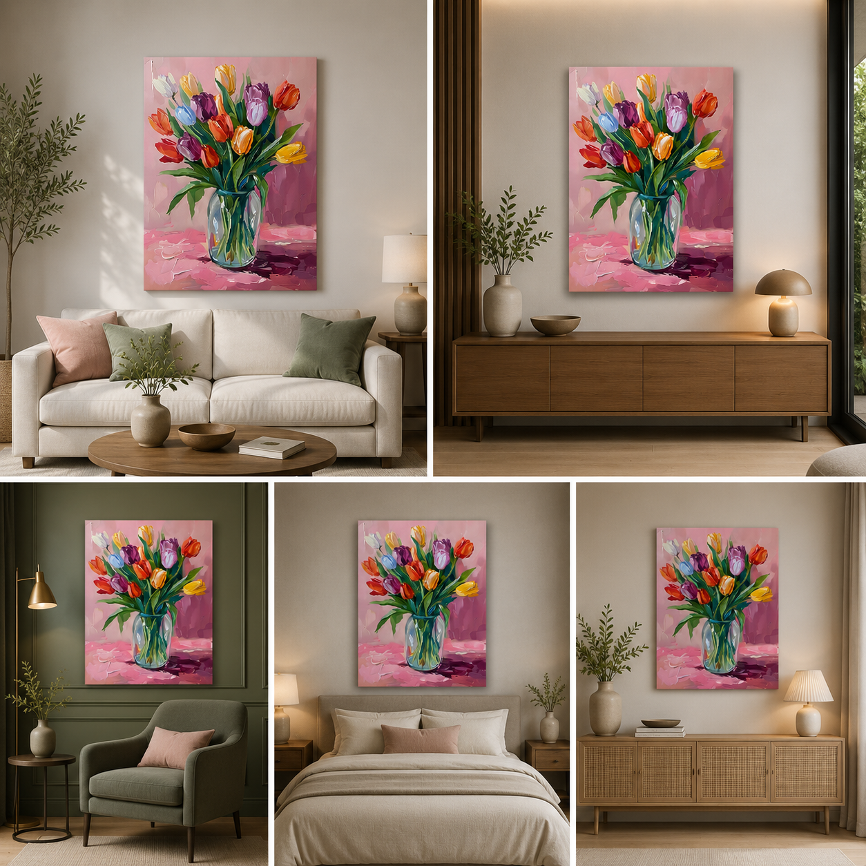 Colorful Tulip Flower Vase Canvas Painting Frame – Floral Canvas Wall Art Painting Frame for Living Room Wall Decor