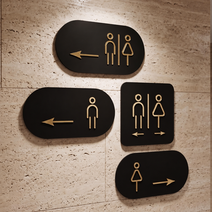 Black and Gold Restroom Directional Signage Set for Men and Women (12 x 6 inches, set of 4)