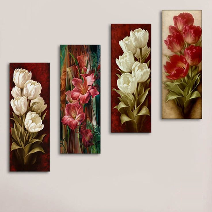 4-Piece Floral Canvas Wall Art Set with Elegant Tulip & Lily Design for Modern Interiors
