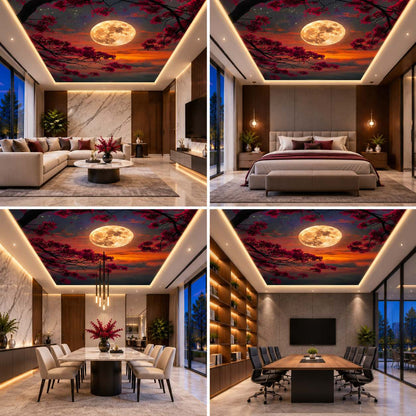 Moonlit Sunset Sky Ceiling Wallpaper with Golden Full Moon and Cherry Blossom Tree for Luxury Interiors