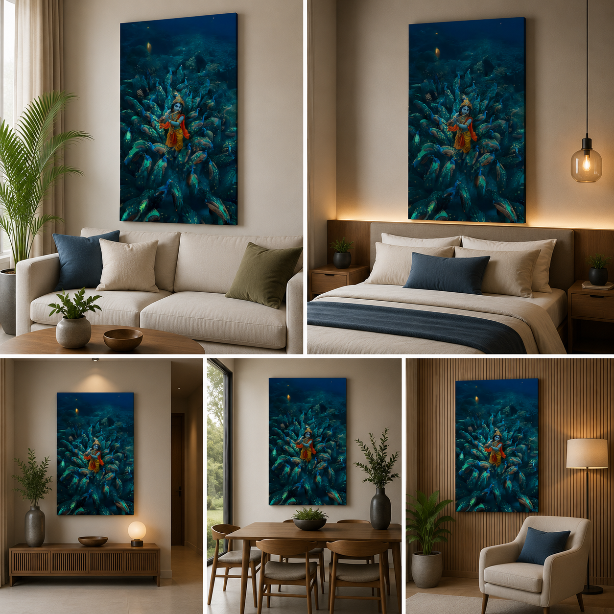 Krishna with Peacock Fantasy Canvas Painting Frame Artistic Spiritual Wall Decor for Living Room