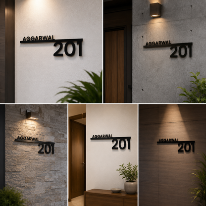 Premium Black Acrylic House Name Plate with Horizontal Bar & Bold Number Design for Modern Home Entrance