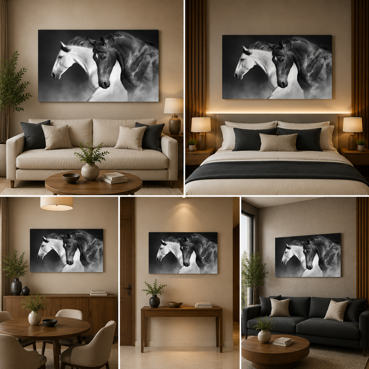 Black and White Horse Wall Art Canvas – Modern Dual Horse Painting for Living Room