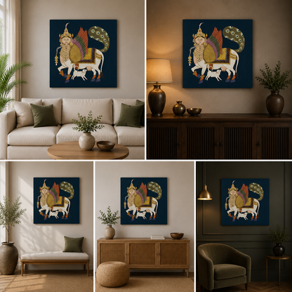 Traditional Pichwai Cow Canvas Painting Frame | Nathdwara Style Spiritual Wall Art | Indian Folk Canvas Wall Decor for Living Room
