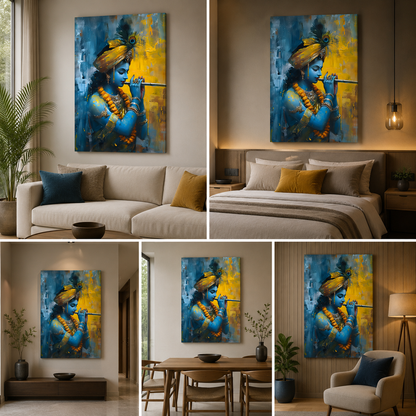 Lord Krishna Abstract Blue Canvas Painting Frame Modern Spiritual Wall Decor for Living Room
