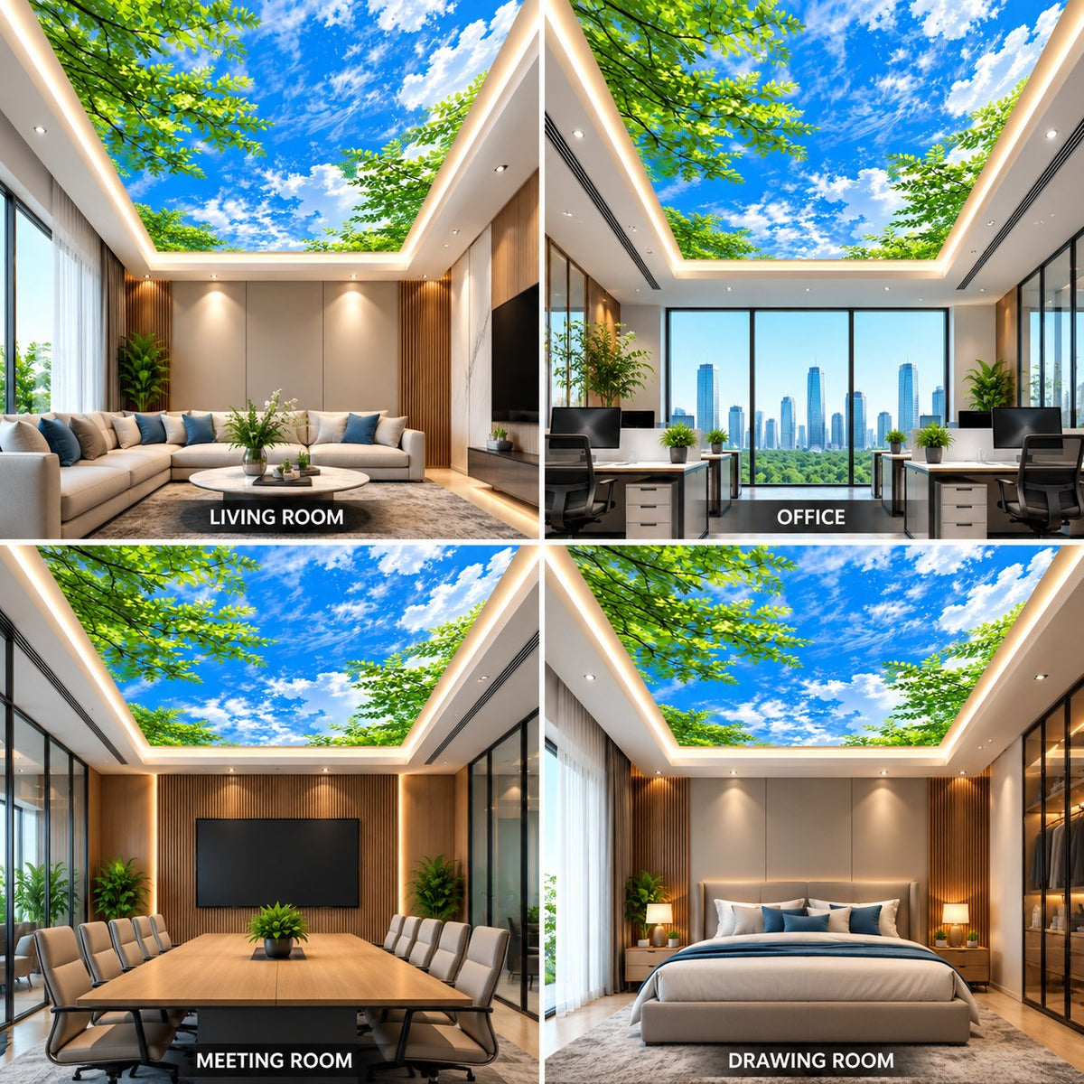 3D Green Tree Canopy Sky Ceiling Design with Blue Sky & Clouds for Modern Interiors