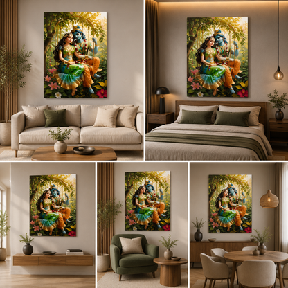 Radha Krishna Swing Canvas Painting Frame Wall Art Decor | Divine Radha Krishna Jhula Canvas Painting Frame for Living Room