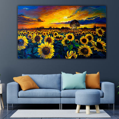 Canvas Painting Sunflower Flower Field with Frame for Living Room Wall Decors