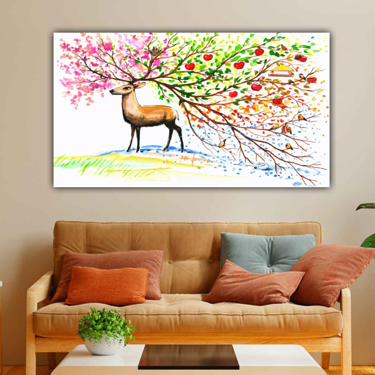 Beautiful Canvas Painting Colourful Deer Wall Painting Frame for Living Room Decoration