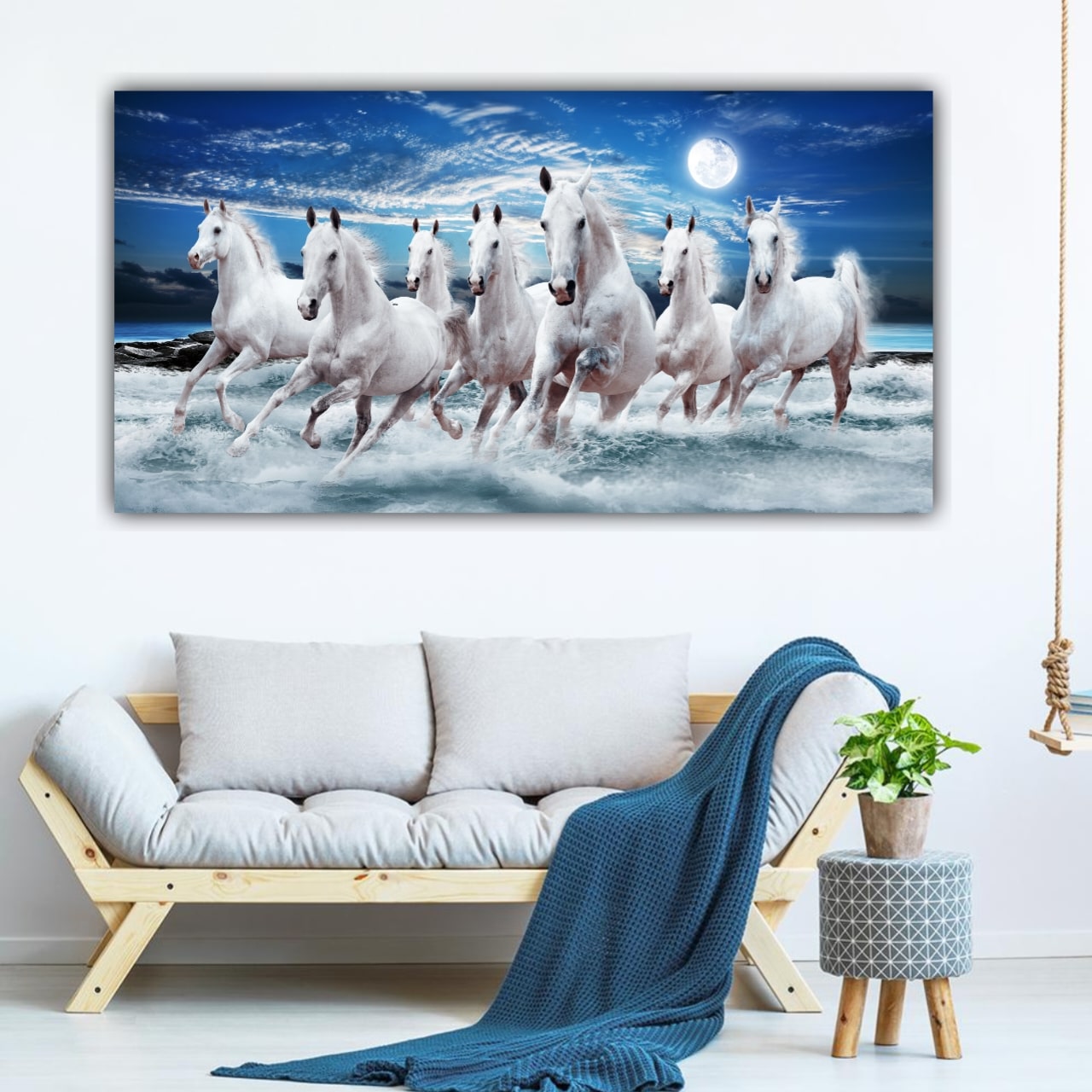Running White Horses Vastu Painting Canvas Wall Frame