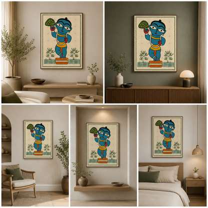 Krishna Folk Art Canvas Painting Frame – Traditional Indian Krishna Illustration Canvas Wall Art Painting Frame for Living Room & Spiritual Decor