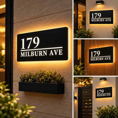 Modern LED Address Plaque with Custom House Numbers and Warm Backlit Black Panel