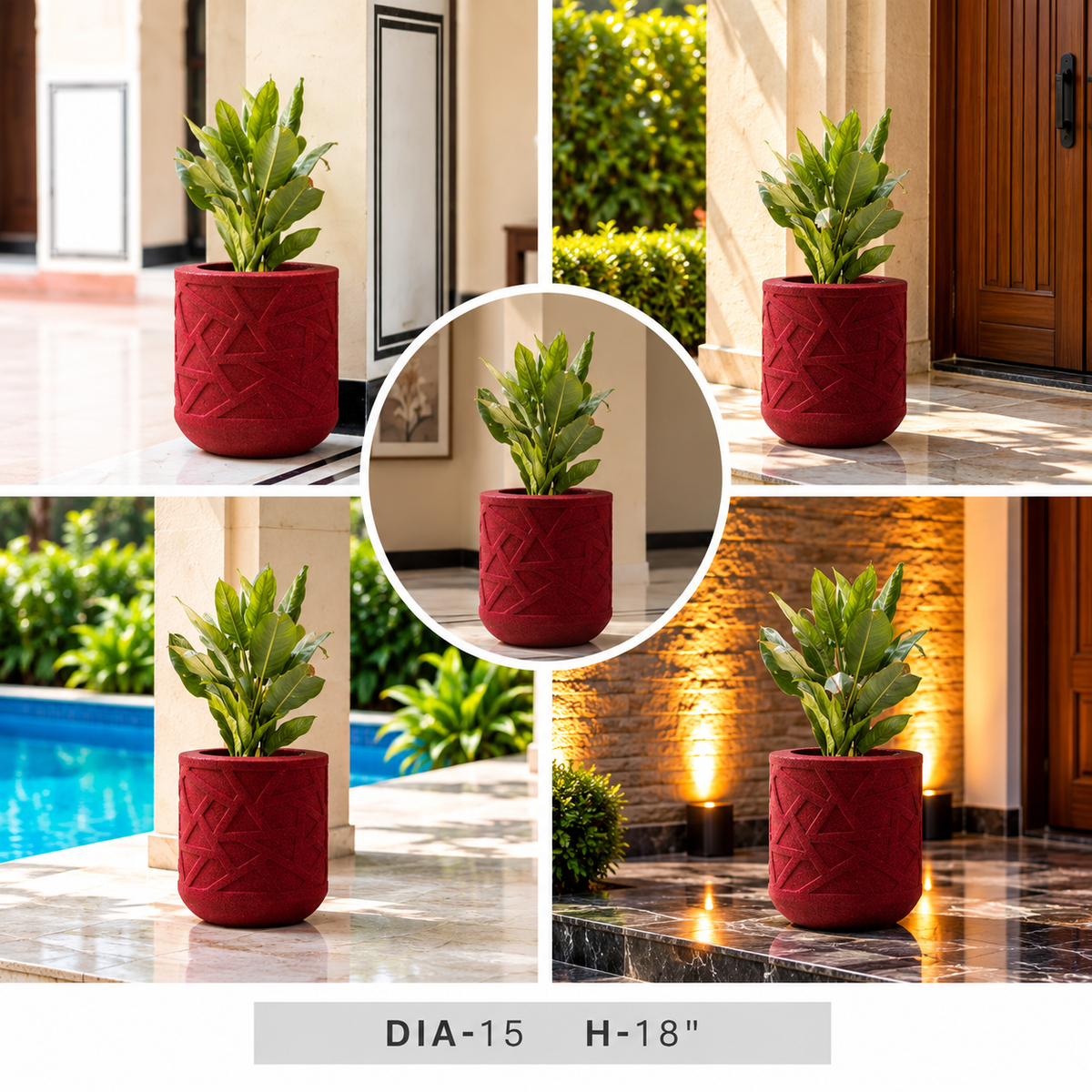 Deep red decorative cylindrical plant pot with raised geometric detailing, 15 inch diameter modern planter for indoor and outdoor spaces