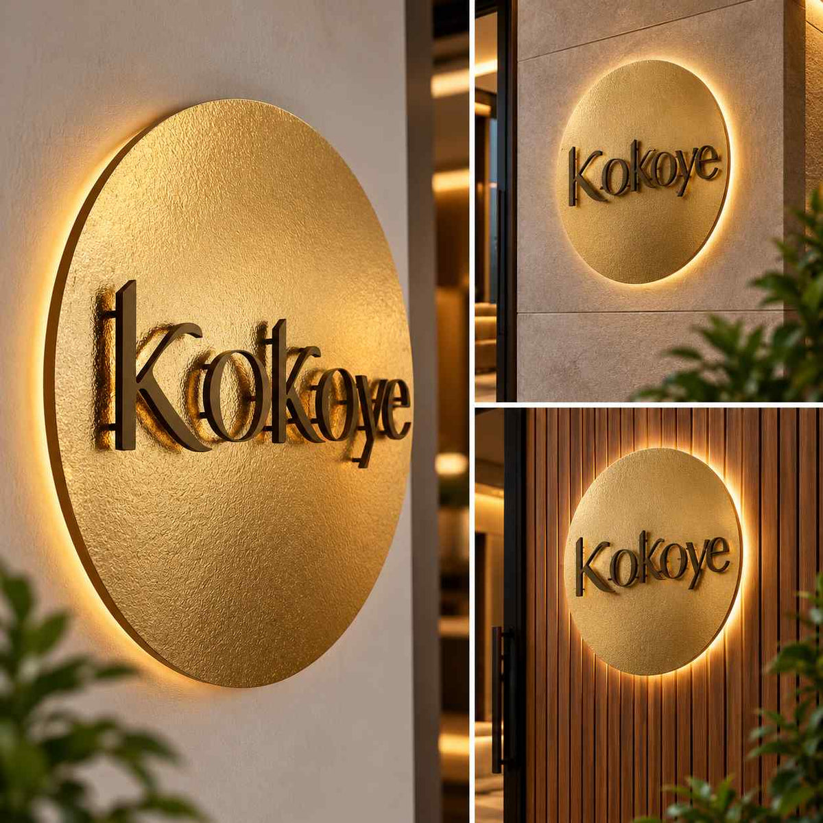 Personalised Round Gold Wall Name Sign with Warm LED Backlighting for Modern Entrances