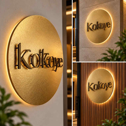 Personalised Round Gold Wall Name Sign with Warm LED Backlighting for Modern Entrances