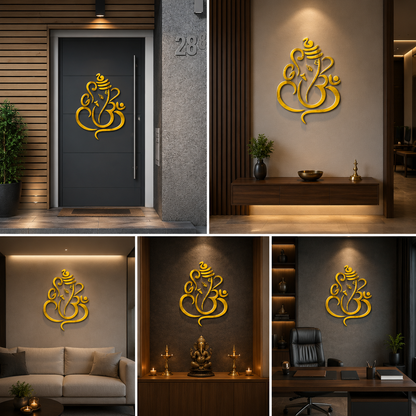3D Metal Golden SS Lord  Ganesha Wall Decor for Building Facade 24 X 24 Inches