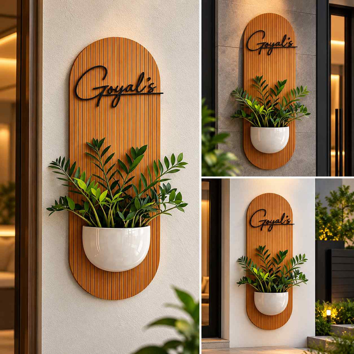 Personalised Wooden Wall Planter with Custom Name Sign and Decorative White Pot