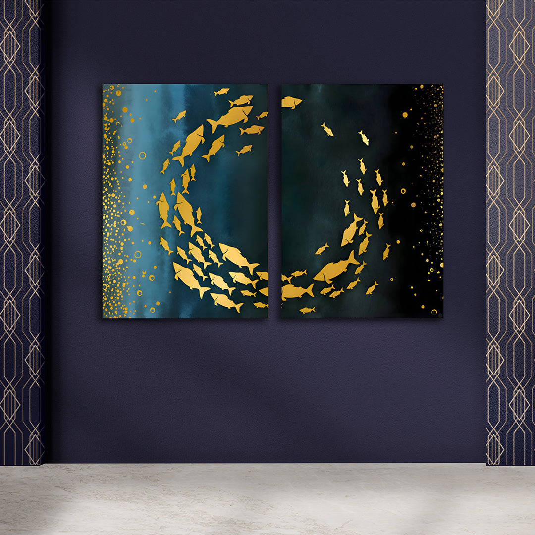 Abstract Gold Fish Canvas Painting Wall Art – Large Size Frame for Living Room (18 x 24 Inches Each Part)