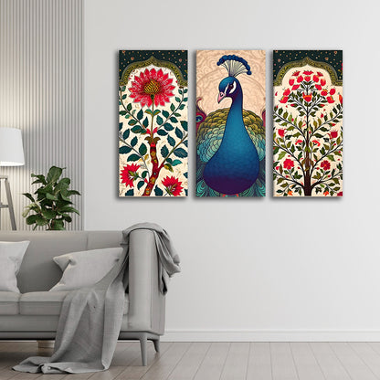 Peacock Madhubani Canvas Painting 3 Panel Wall Art for Living Room (12 x 24 Inches Each Part)