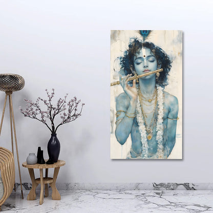 Minimal Lord Krishna Flute Canvas Painting Frame | Soft Tone Modern Krishna Wall Art | Elegant Spiritual Canvas Wall Decor for Living Room