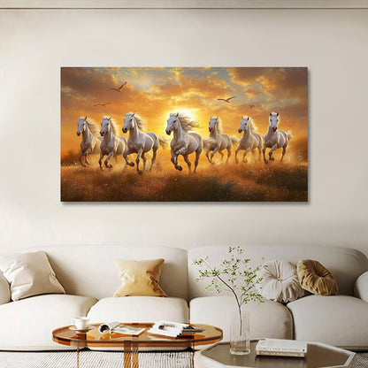 Seven White Horses Golden Sunset Canvas Painting Frame Wall Decor for Living Room Vastu Artwork