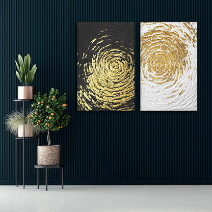Black White Gold Abstract Swirl Canvas Painting Wall Art Set (18 x 24 Inches Each Part)