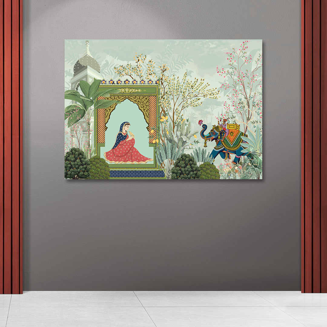 Rajasthani Palace Lady Elephant Canvas Painting Frame Wall Decor for Living Room Ethnic Artwork
