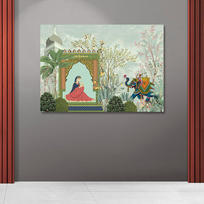 Rajasthani Palace Lady Elephant Canvas Painting Frame Wall Decor for Living Room Ethnic Artwork