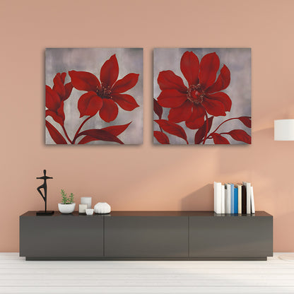 Abstract Red Floral Canvas Painting Wall Art Set – Large Size Frame for Living Room (18 x 18 Inches Each Part)