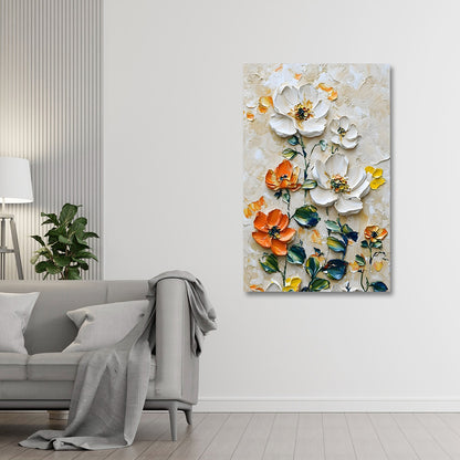 3D Textured Floral Wall Painting | Elegant White & Orange Flower Canvas Art | Vertical Acrylic UV Printed Wall Decor for Living Room Bedroom