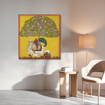 Pichwai Tree of Life Canvas Painting Frame | Sacred Cow Krishna Wall Art | Traditional Nathdwara Canvas Wall Decor for Living Room
