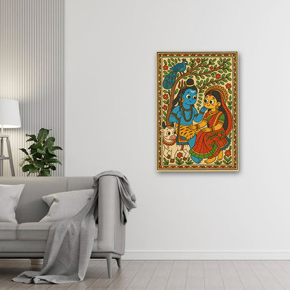 Shiv Parvati Folk Art Canvas Wall Painting | Traditional Hindu God Wall Art for Home & Temple Decor