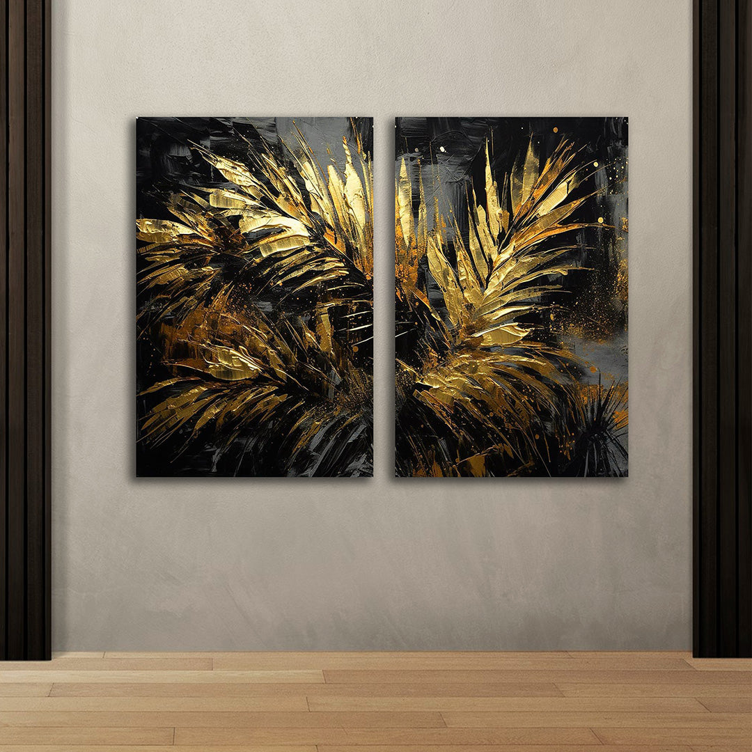 Abstract Gold Palm Leaf Canvas Painting Wall Art Set Frame (18 x 24 Inches Each Part)