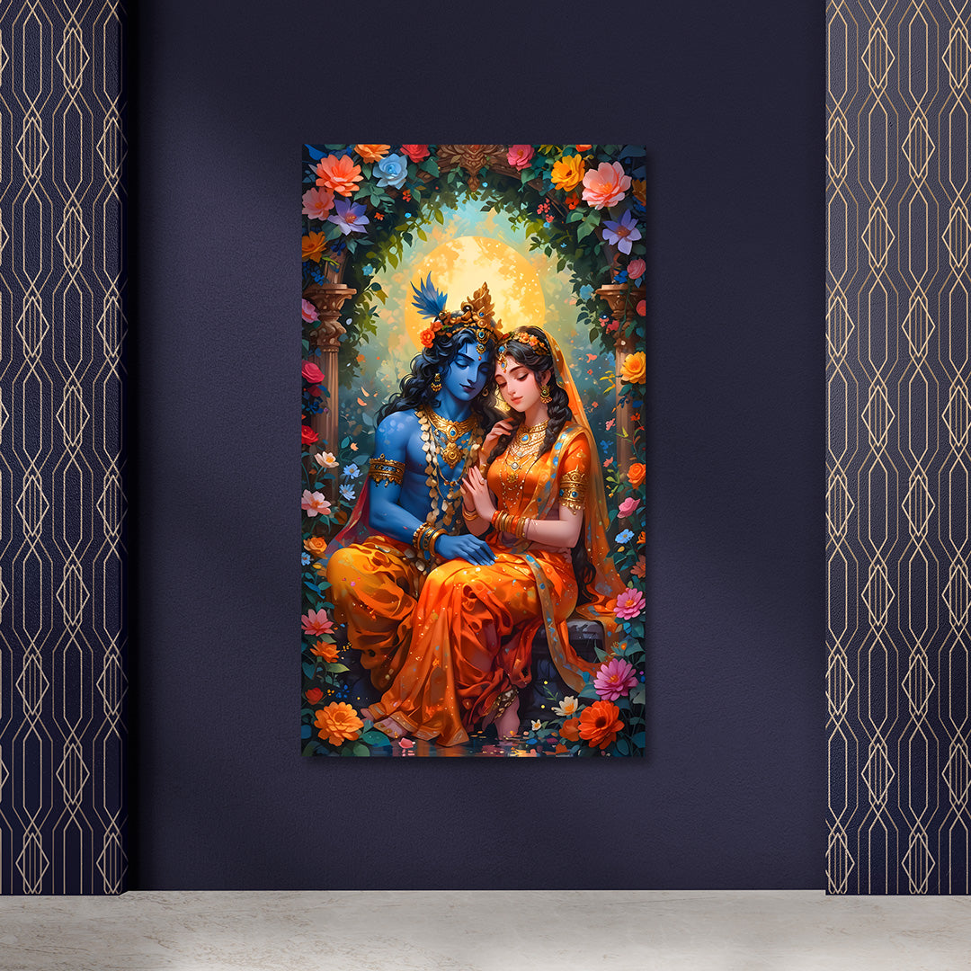 Radha Krishna Floral Canvas Painting Frame | Romantic Divine Couple Wall Art with Flower Arch | Large Spiritual Canvas Wall Decor for Living Room