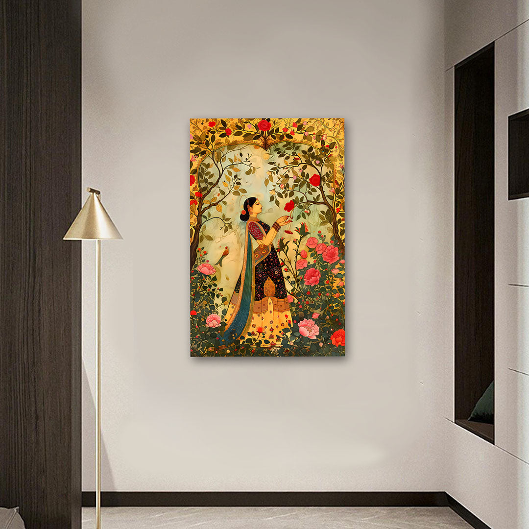 Traditional Indian Woman Garden Canvas Painting – Floral Ethnic Wall Art Canvas Painting Frame for Living Room