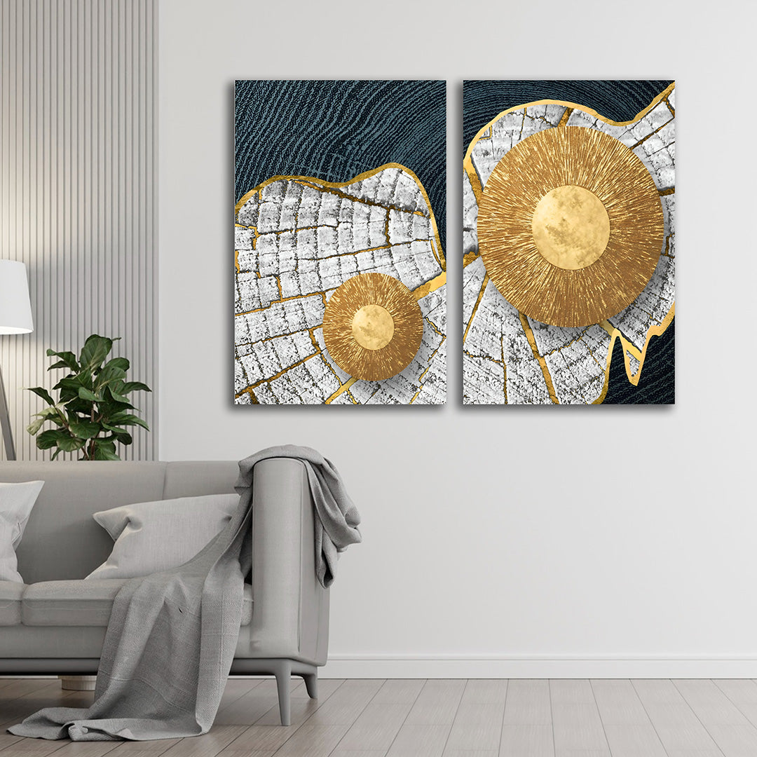 Gold Sunburst Abstract Canvas Painting Set of 2 Modern Wall Art (18 x 24 Inches Each Part)