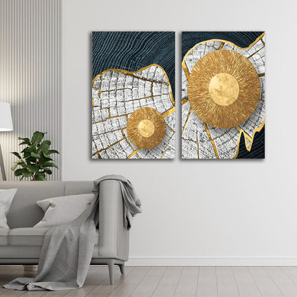 Gold Sunburst Abstract Canvas Painting Set of 2 Modern Wall Art (18 x 24 Inches Each Part)