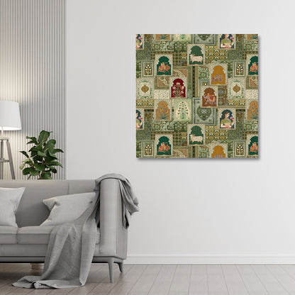 Mughal Patchwork Canvas Wall Painting | Royal Miniature Motif Collage Art | Vintage Indian Heritage Decor
