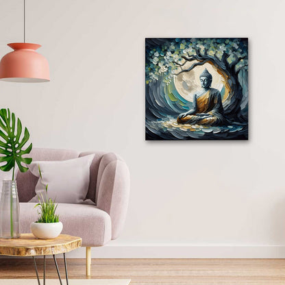 Meditating Buddha Tree Canvas Wall Painting | Modern Spiritual Zen Art for Living Room & Home Decor