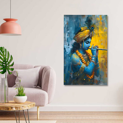 Lord Krishna Abstract Blue Canvas Painting Frame Modern Spiritual Wall Decor for Living Room