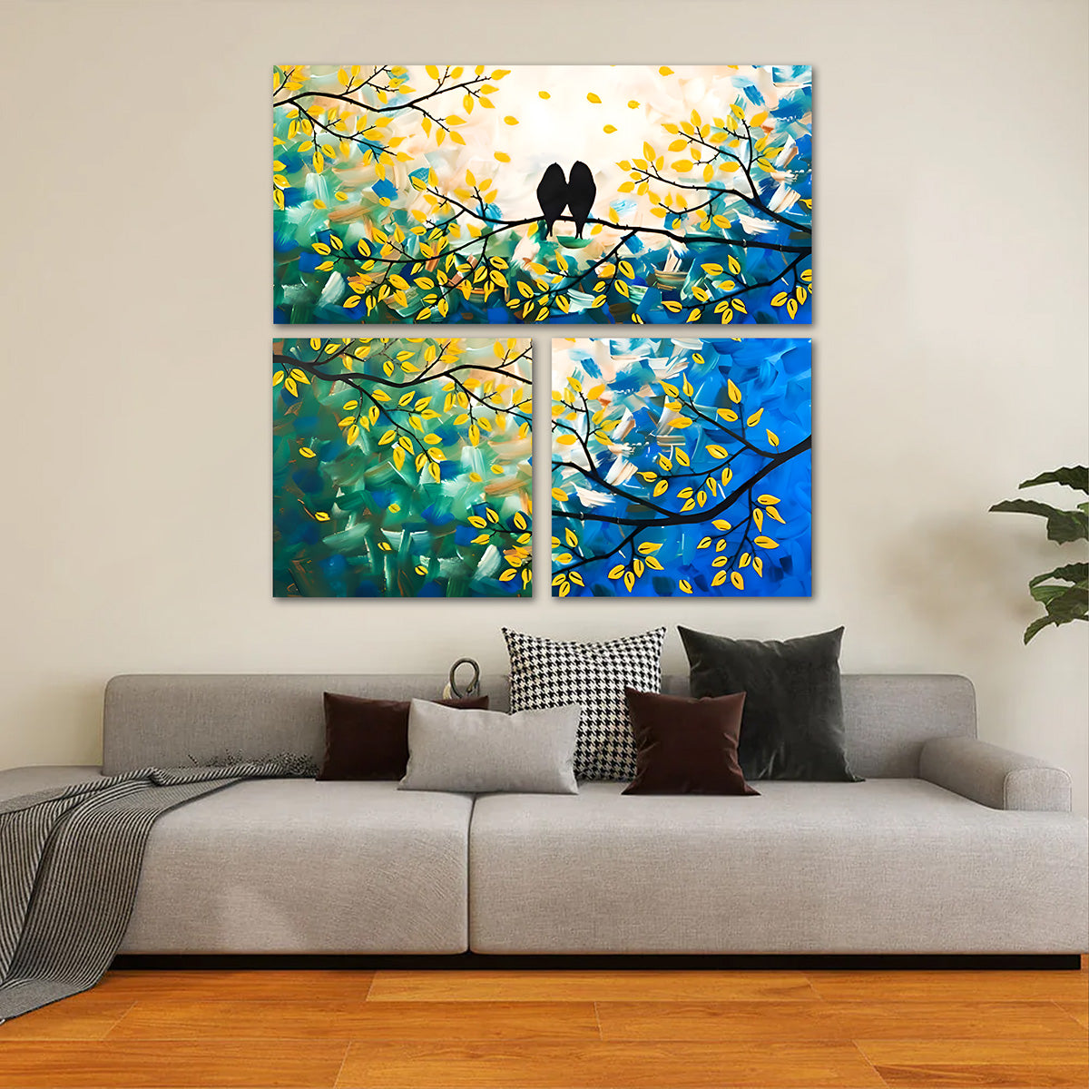 Abstract Love Birds Tree Canvas Painting Wall Art Set – Frame for Living Room (36 x 36 Inches Total Part)