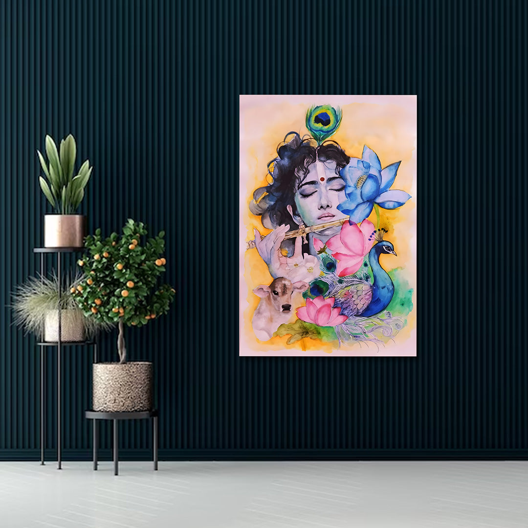 Watercolor Lord Krishna Canvas Painting Frame | Peacock Lotus Cow Krishna Wall Art | Soft Spiritual Canvas Wall Decor for Living Room