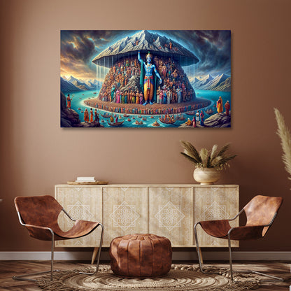 Govardhan Krishna Canvas Painting Frame Wall Decor for Living Room Spiritual Mountain Artwork