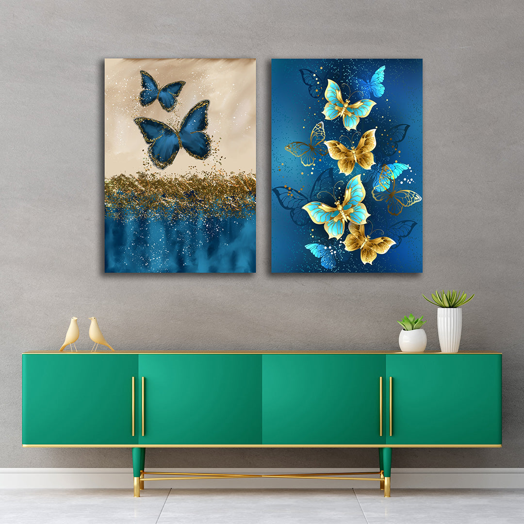 Blue Gold Butterfly Canvas Painting Set of 2 Modern Wall Art (18 x 24 Inches Each Part)